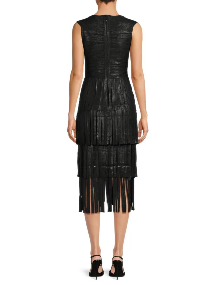 Hervé Léger Fringe Midi Dress in Black Foil