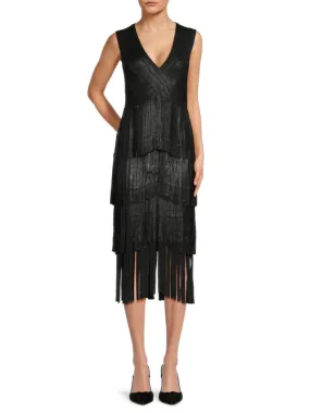 Hervé Léger Fringe Midi Dress in Black Foil