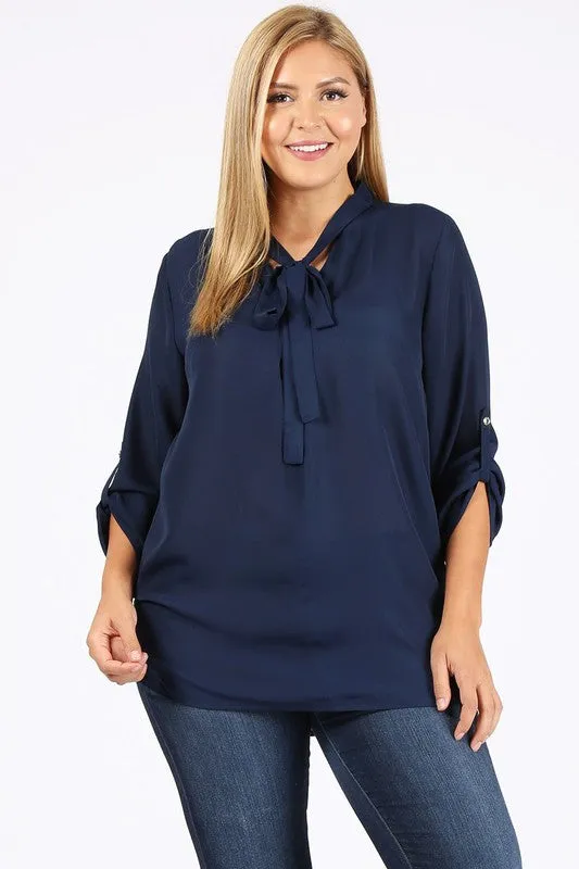 HI Curvy Plus Size  Women Tie V-Neck Relaxed Shirts