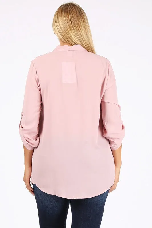 HI Curvy Plus Size  Women Tie V-Neck Relaxed Shirts