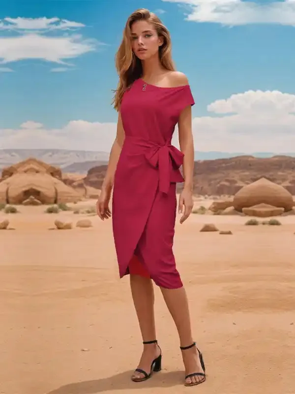 High-end Valentine’s Day slope-neck dress