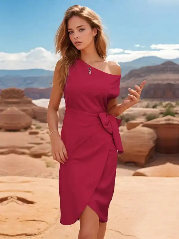 High-end Valentine’s Day slope-neck dress