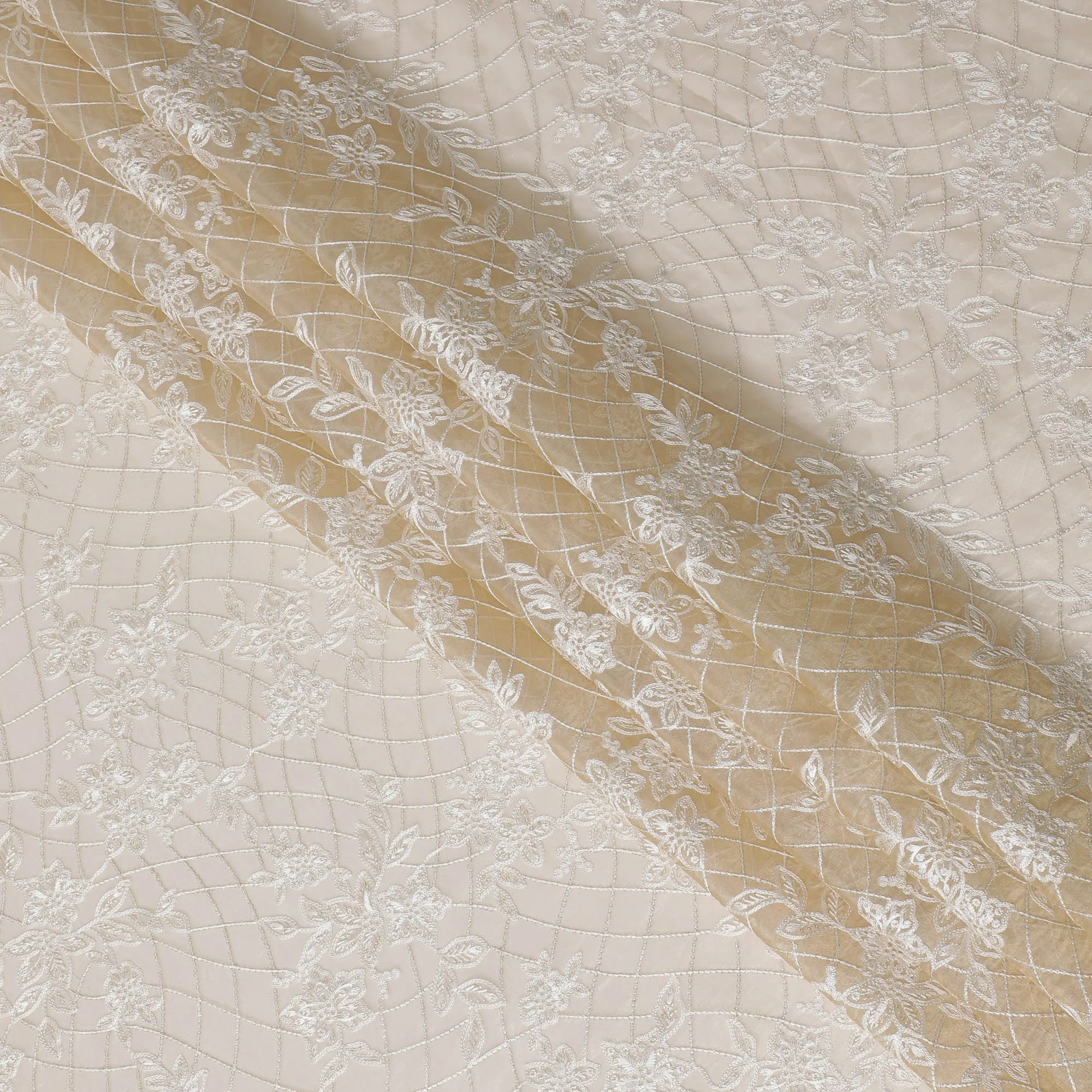 Ivory Silk Organza Fabric with Silver Embroidery, 110 cm Width-D20107