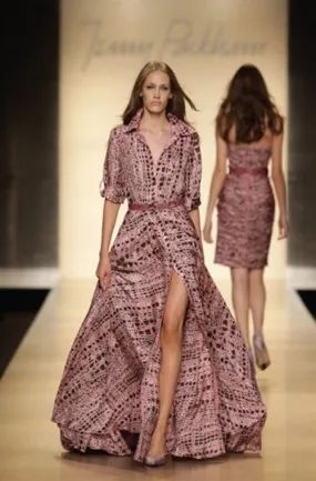 Jenny Packham Pink and Coco Brown Croc Printed Silk Belted Floor Length Shirt Dress