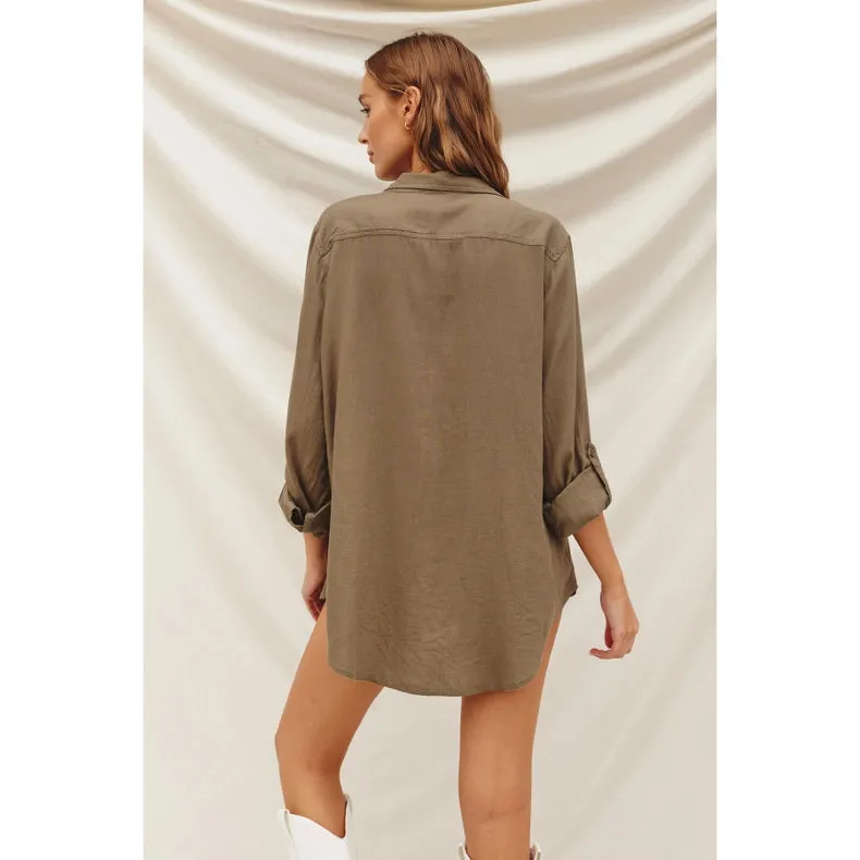 Linen Blend Relaxed Shirt  OLIVE GREY