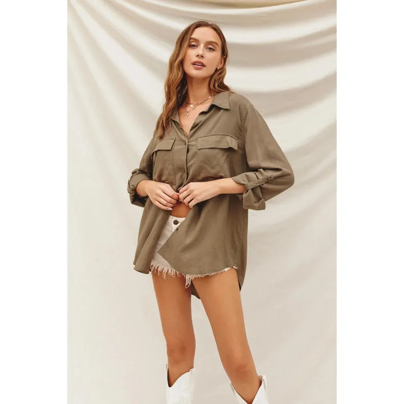 Linen Blend Relaxed Shirt  OLIVE GREY