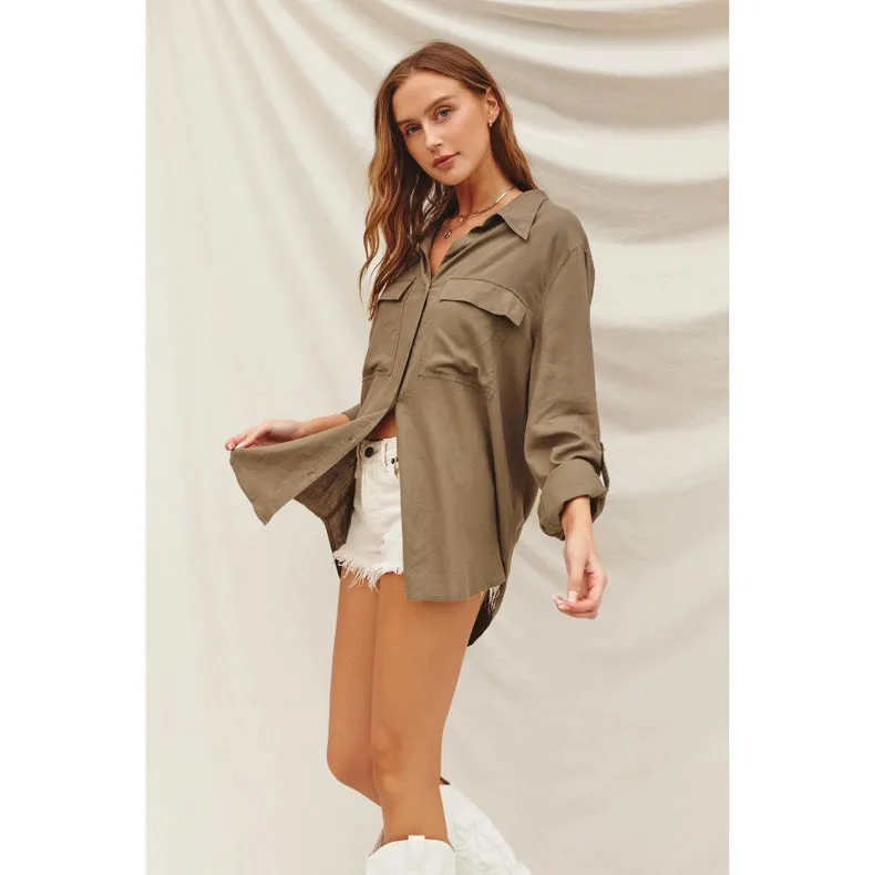 Linen Blend Relaxed Shirt  OLIVE GREY