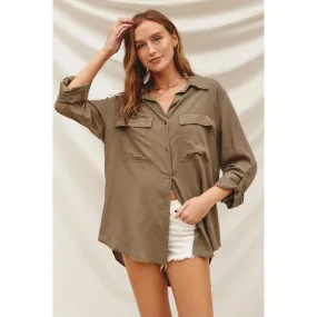 Linen Blend Relaxed Shirt  OLIVE GREY