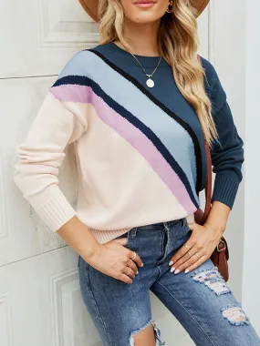 Long Sleeves Contrast Color Striped Round-Neck Pullovers Sweater Tops