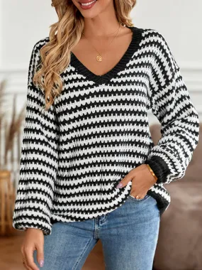 Long Sleeves Loose Striped V-Neck Pullovers Sweater Tops