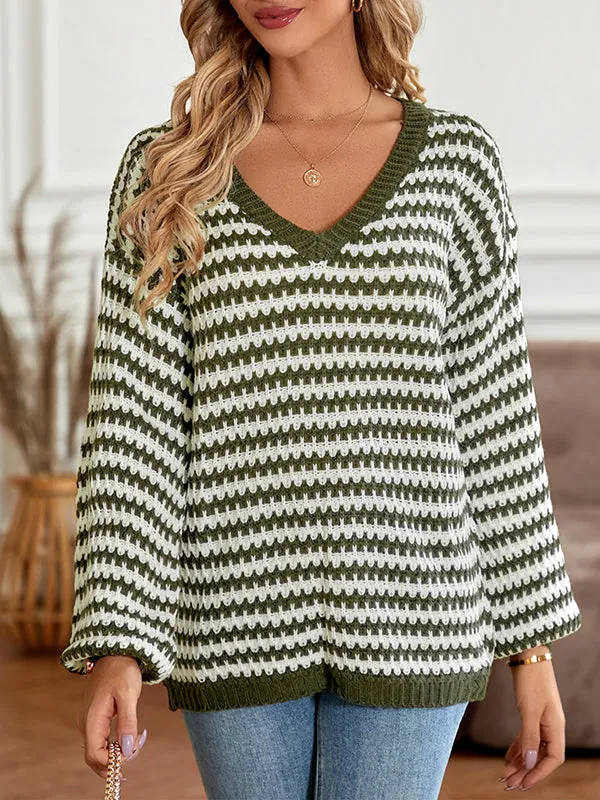 Long Sleeves Loose Striped V-Neck Pullovers Sweater Tops