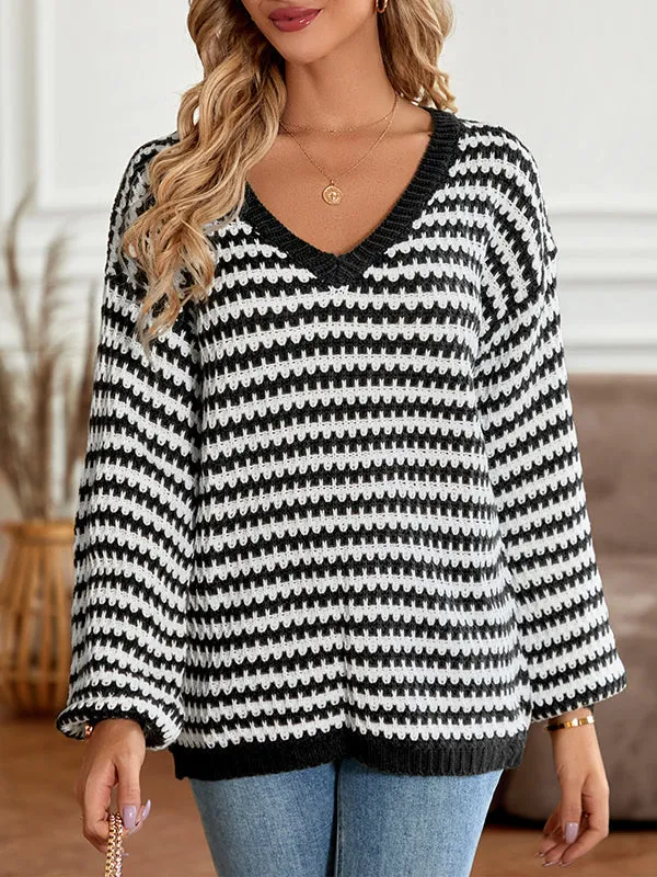 Long Sleeves Loose Striped V-Neck Pullovers Sweater Tops