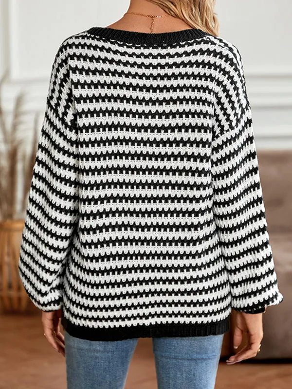 Long Sleeves Loose Striped V-Neck Pullovers Sweater Tops