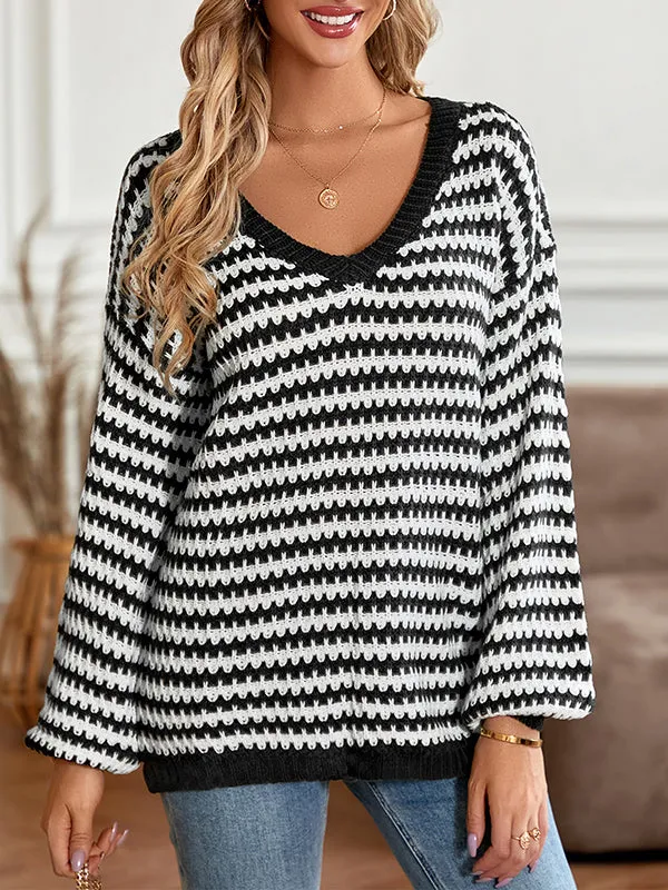 Long Sleeves Loose Striped V-Neck Pullovers Sweater Tops