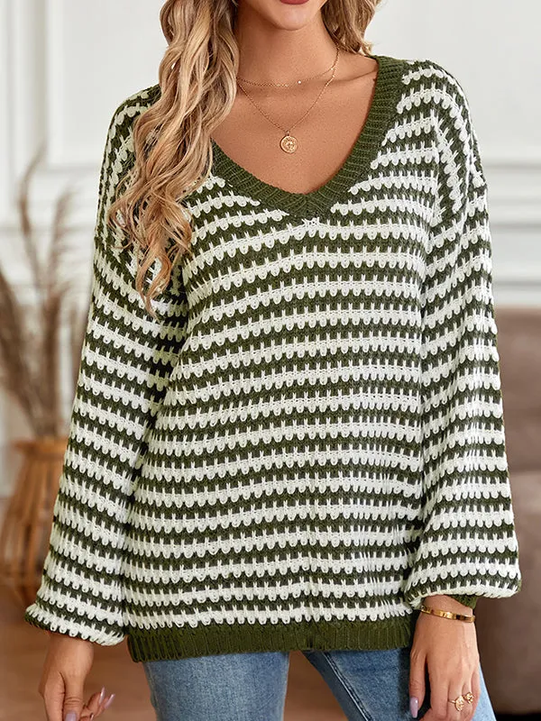 Long Sleeves Loose Striped V-Neck Pullovers Sweater Tops