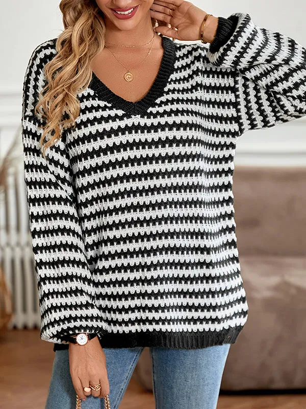 Long Sleeves Loose Striped V-Neck Pullovers Sweater Tops