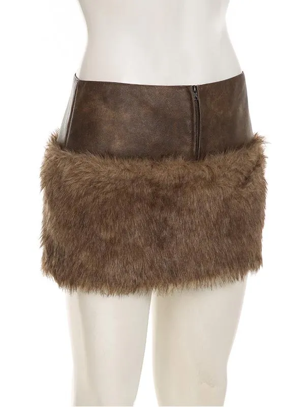 Low-rise Zippered Leather Paneled Fur Skirt