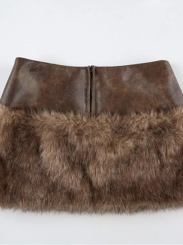 Low-rise Zippered Leather Paneled Fur Skirt