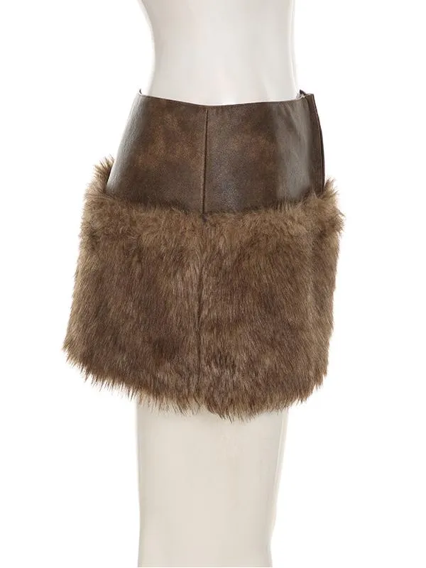 Low-rise Zippered Leather Paneled Fur Skirt