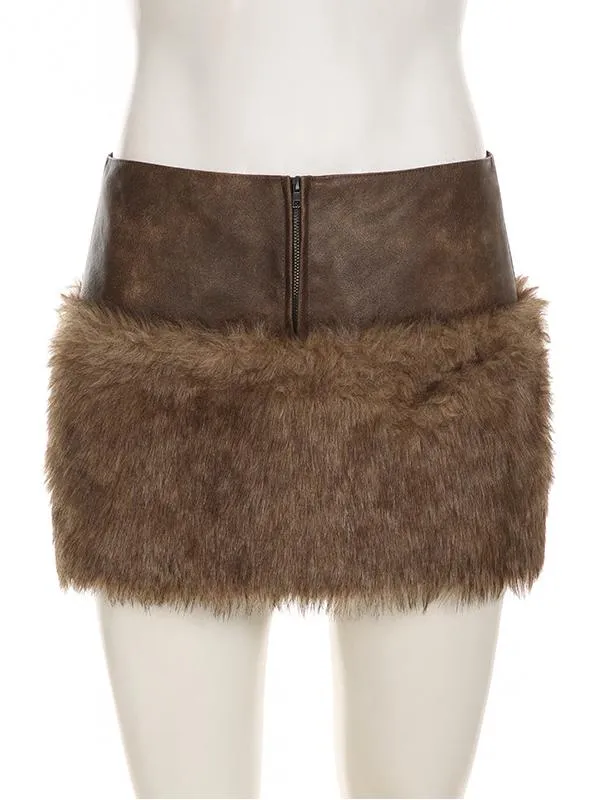 Low-rise Zippered Leather Paneled Fur Skirt