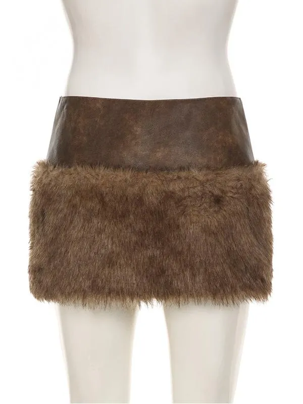 Low-rise Zippered Leather Paneled Fur Skirt