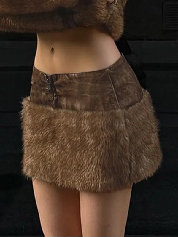 Low-rise Zippered Leather Paneled Fur Skirt