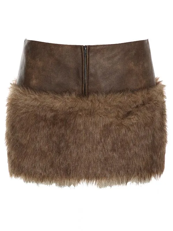 Low-rise Zippered Leather Paneled Fur Skirt