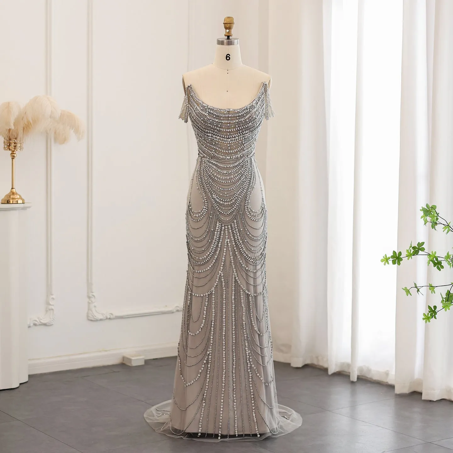 Luxury Crystal Silver Gray Mermaid Evening Dress SS403