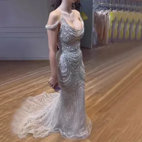 Luxury Crystal Silver Gray Mermaid Evening Dress SS403