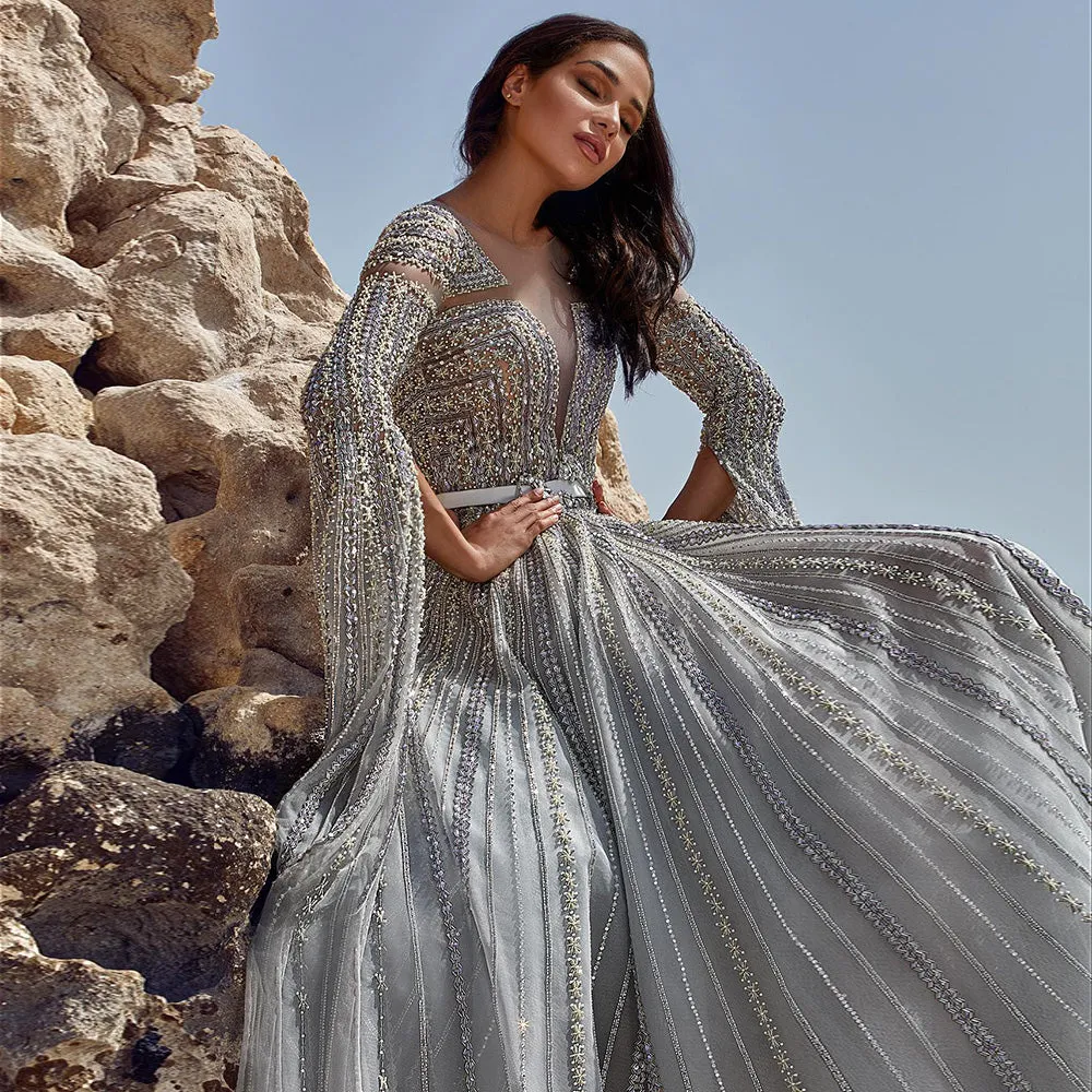 Luxury Silver Evening Dress with Cape Sleeves SS068