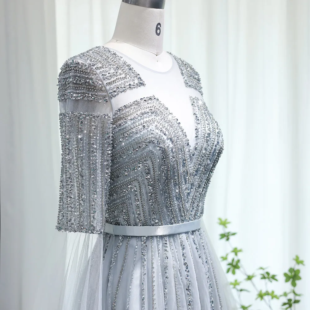 Luxury Silver Evening Dress with Cape Sleeves SS068