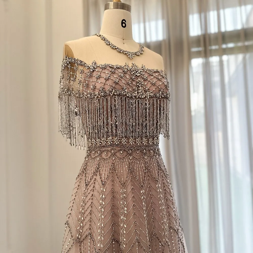 Luxury Tassel Beaded Pink Evening Dress SS061