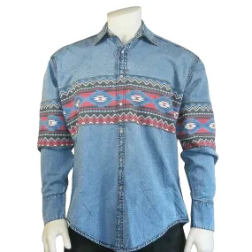 Men's 2-Tone Denim & Red Native Pattern Chest Band Western Shirt