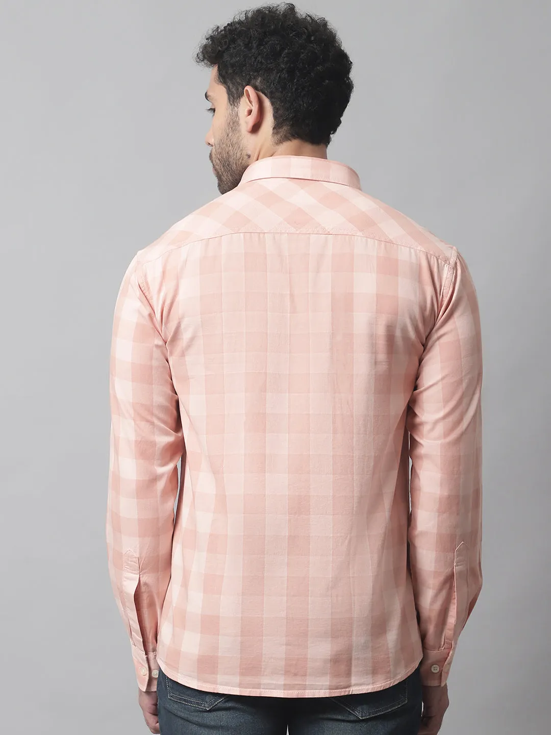 Men's Light Peach Casual Medium Checks Full Sleeve Shirt