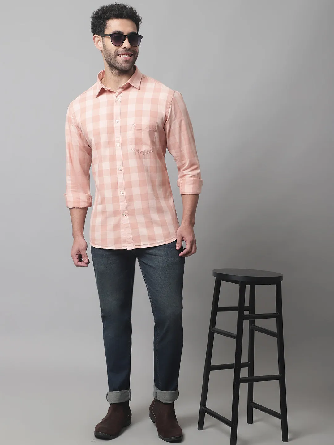 Men's Light Peach Casual Medium Checks Full Sleeve Shirt