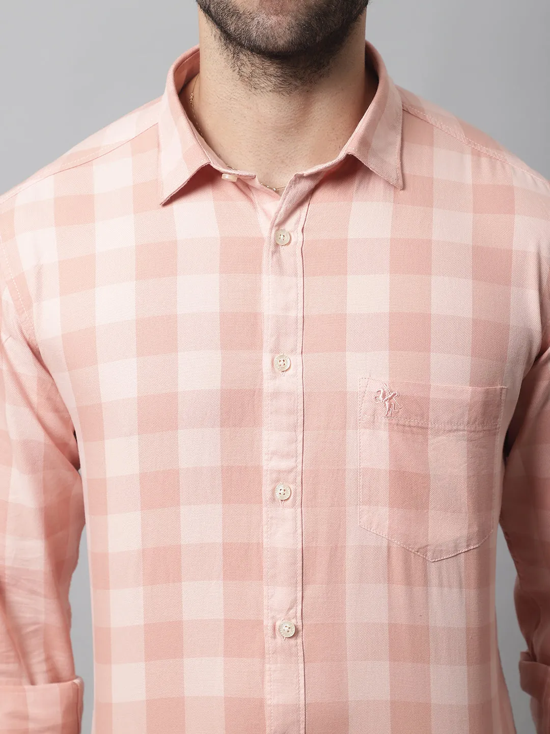 Men's Light Peach Casual Medium Checks Full Sleeve Shirt