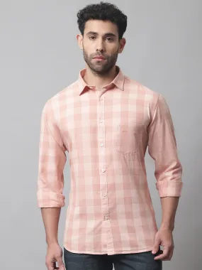 Men's Light Peach Casual Medium Checks Full Sleeve Shirt