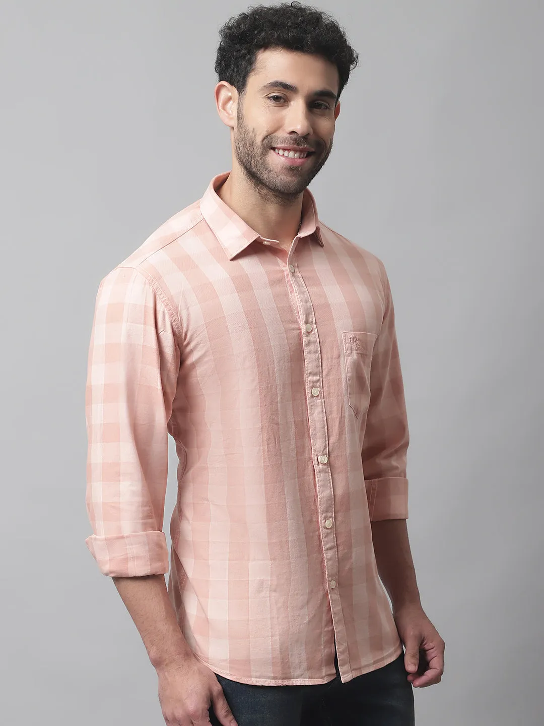 Men's Light Peach Casual Medium Checks Full Sleeve Shirt