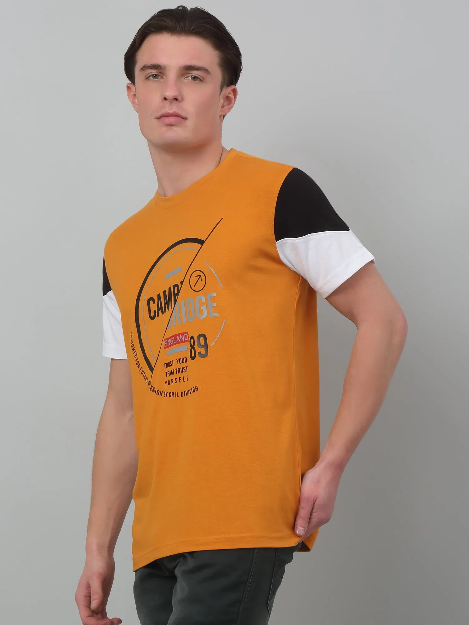 Men's Mustard  Round neck Half Sleeve T-Shirt with contrast panel sleeve