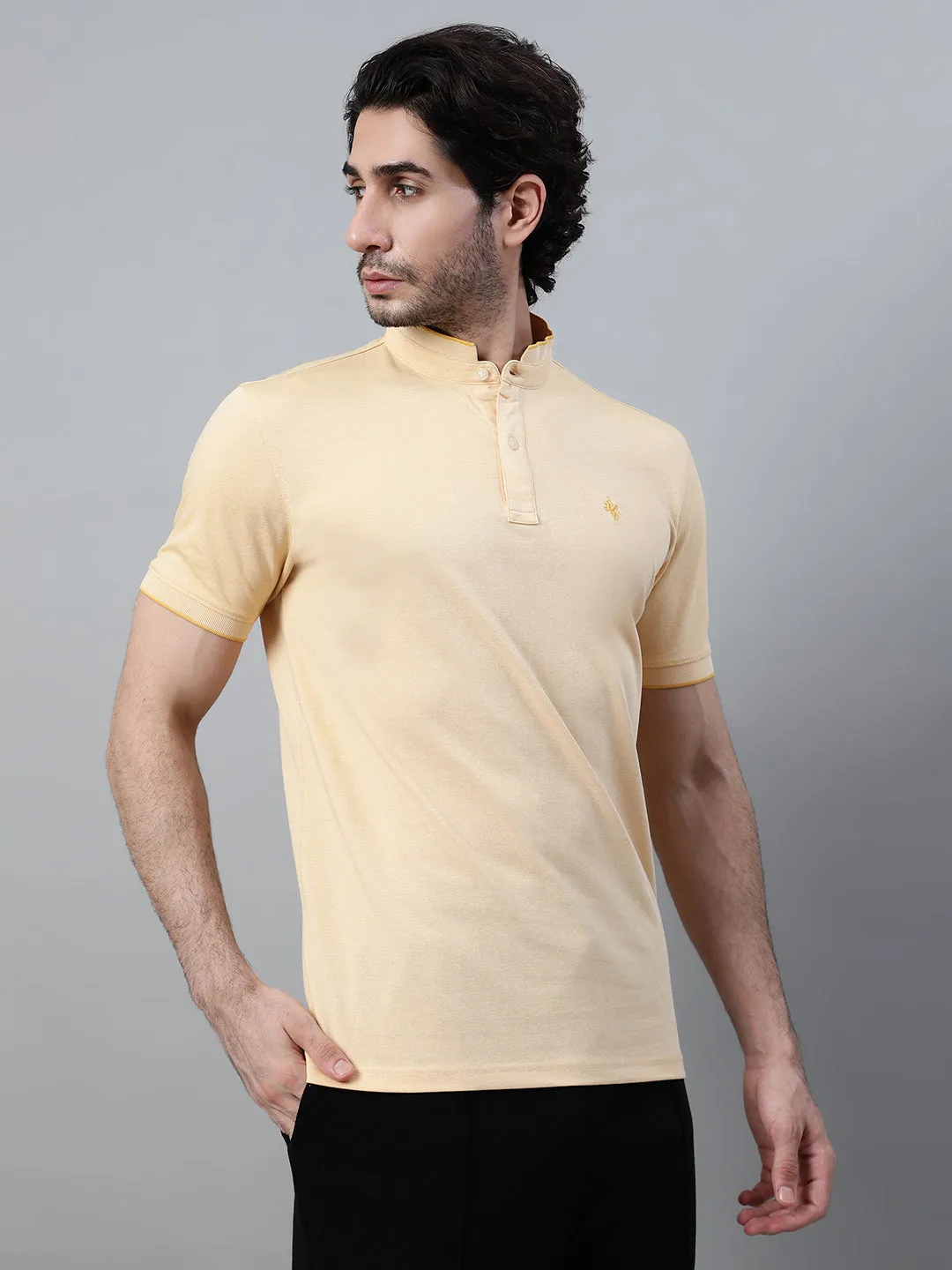 Men's Peach Solid Mandarin Collar T-shirt