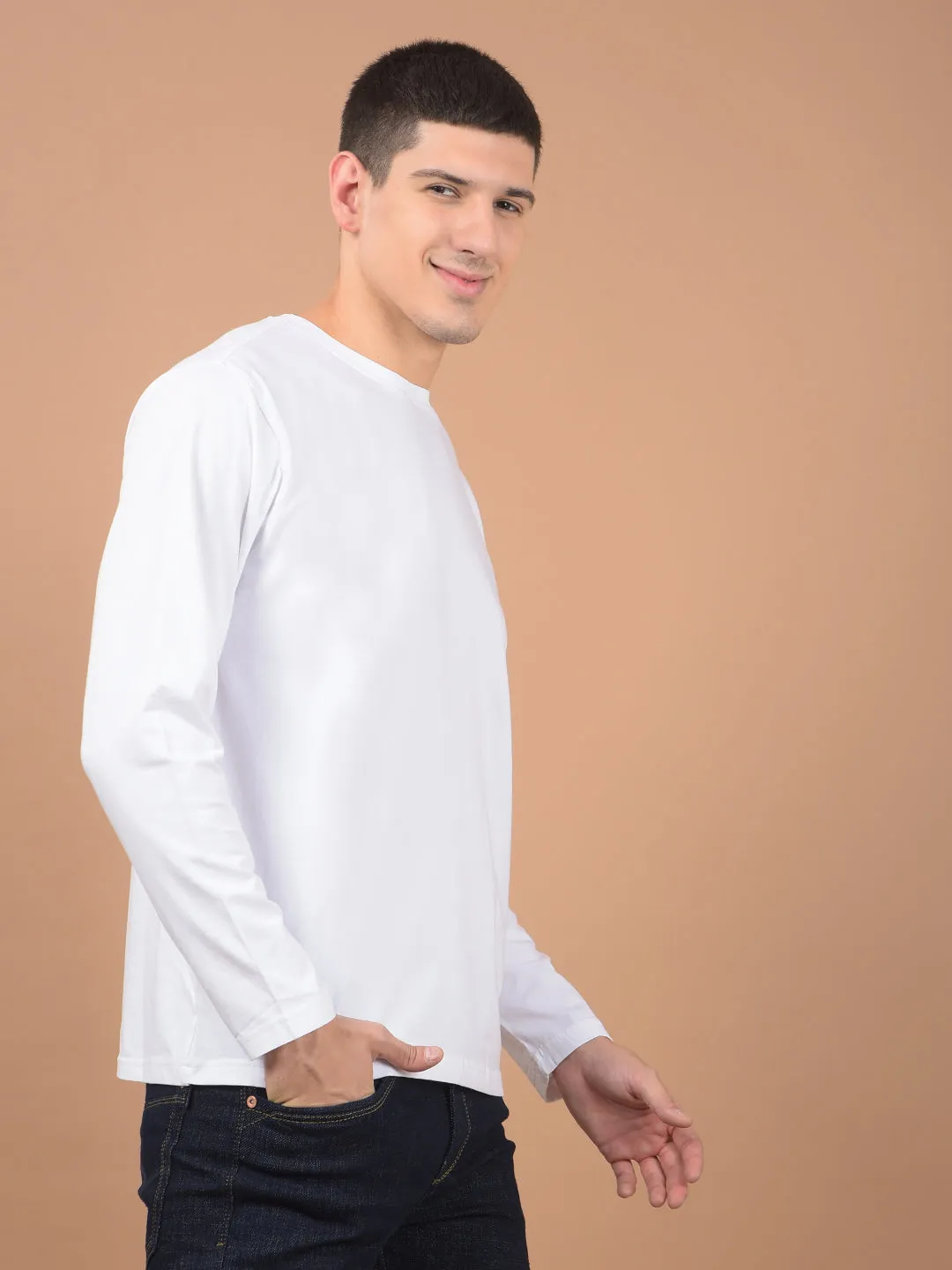 Men's White Self Design Full Sleeves Round Neck T-shirt For Winter