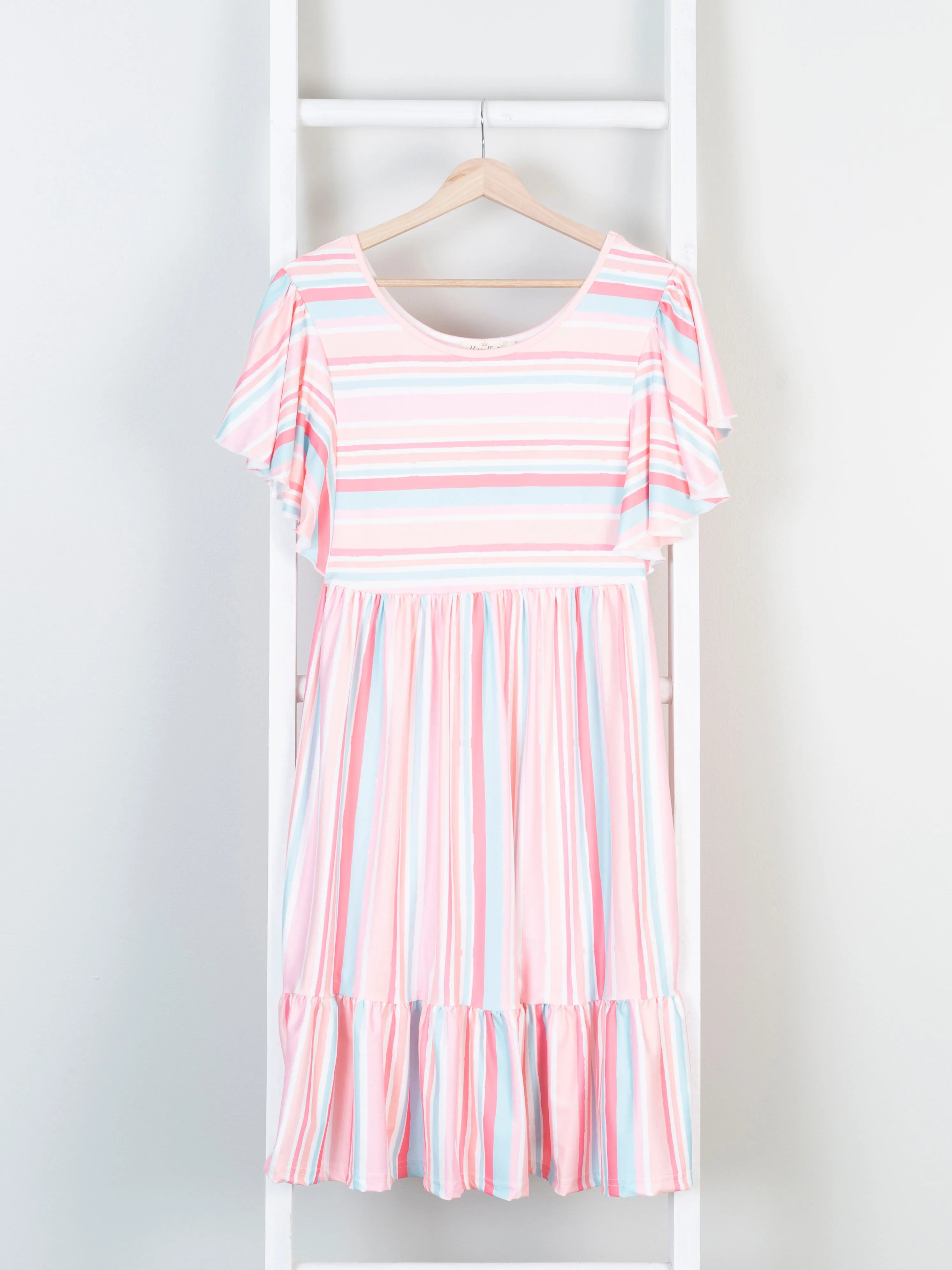 Mom & Me Tiered Coral Stripe Ruffle Dress