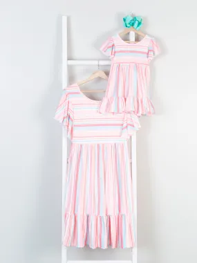 Mom & Me Tiered Coral Stripe Ruffle Dress