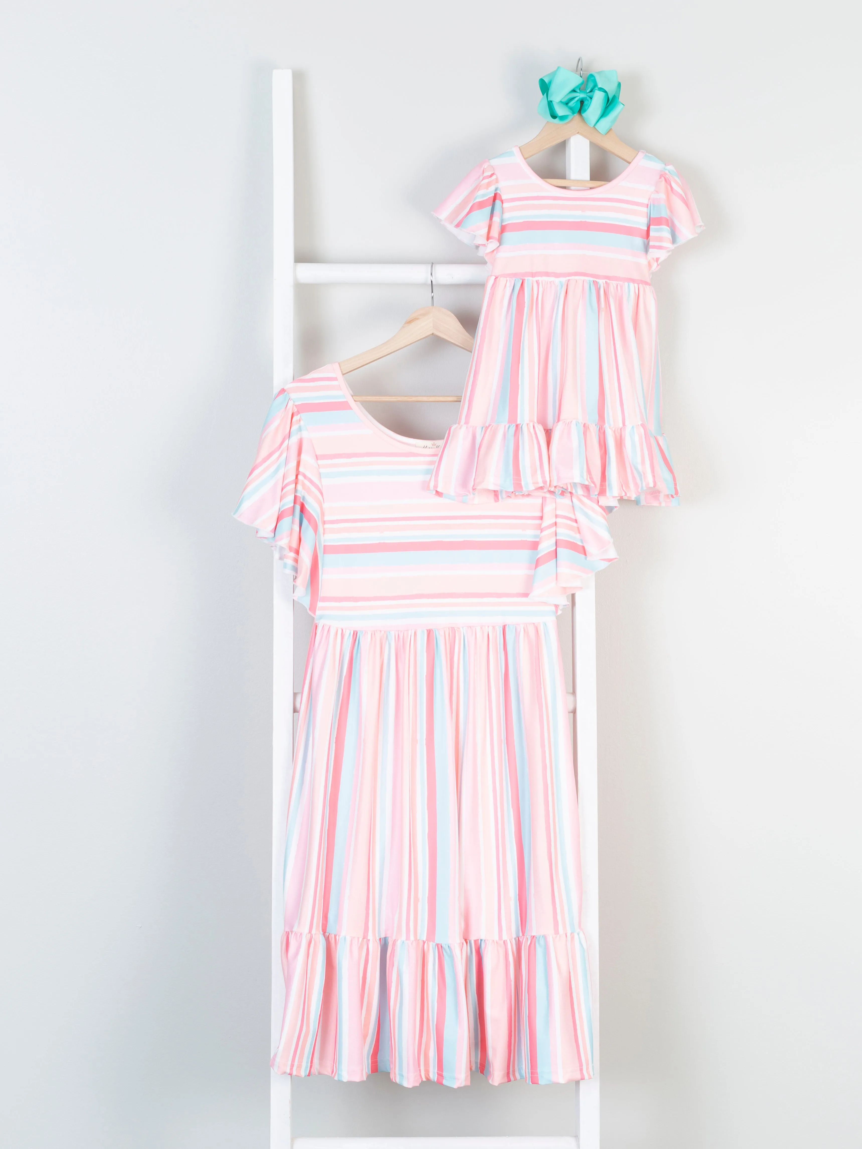 Mom & Me Tiered Coral Stripe Ruffle Dress