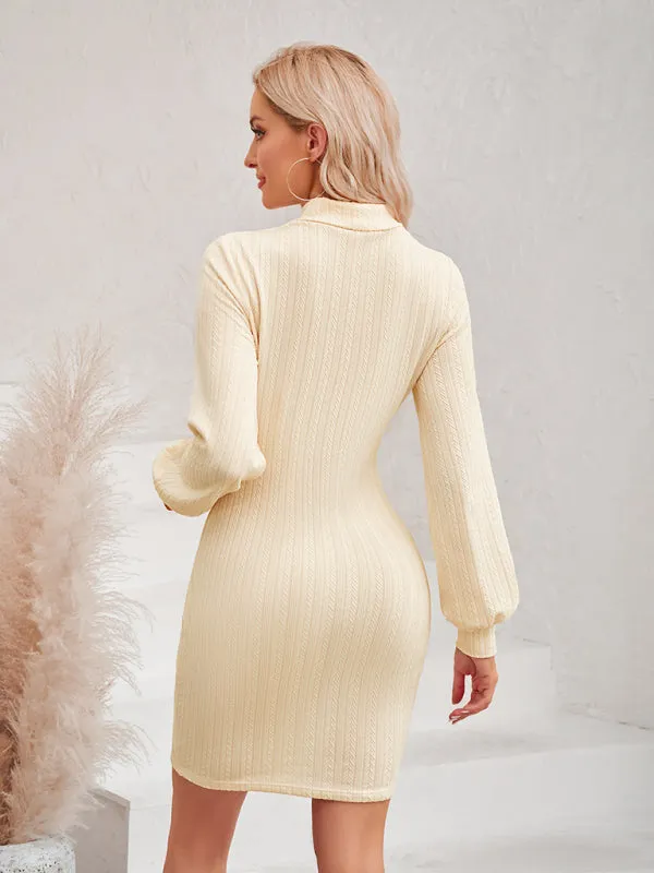 New women's hollow solid color slim long-sleeved hip dress