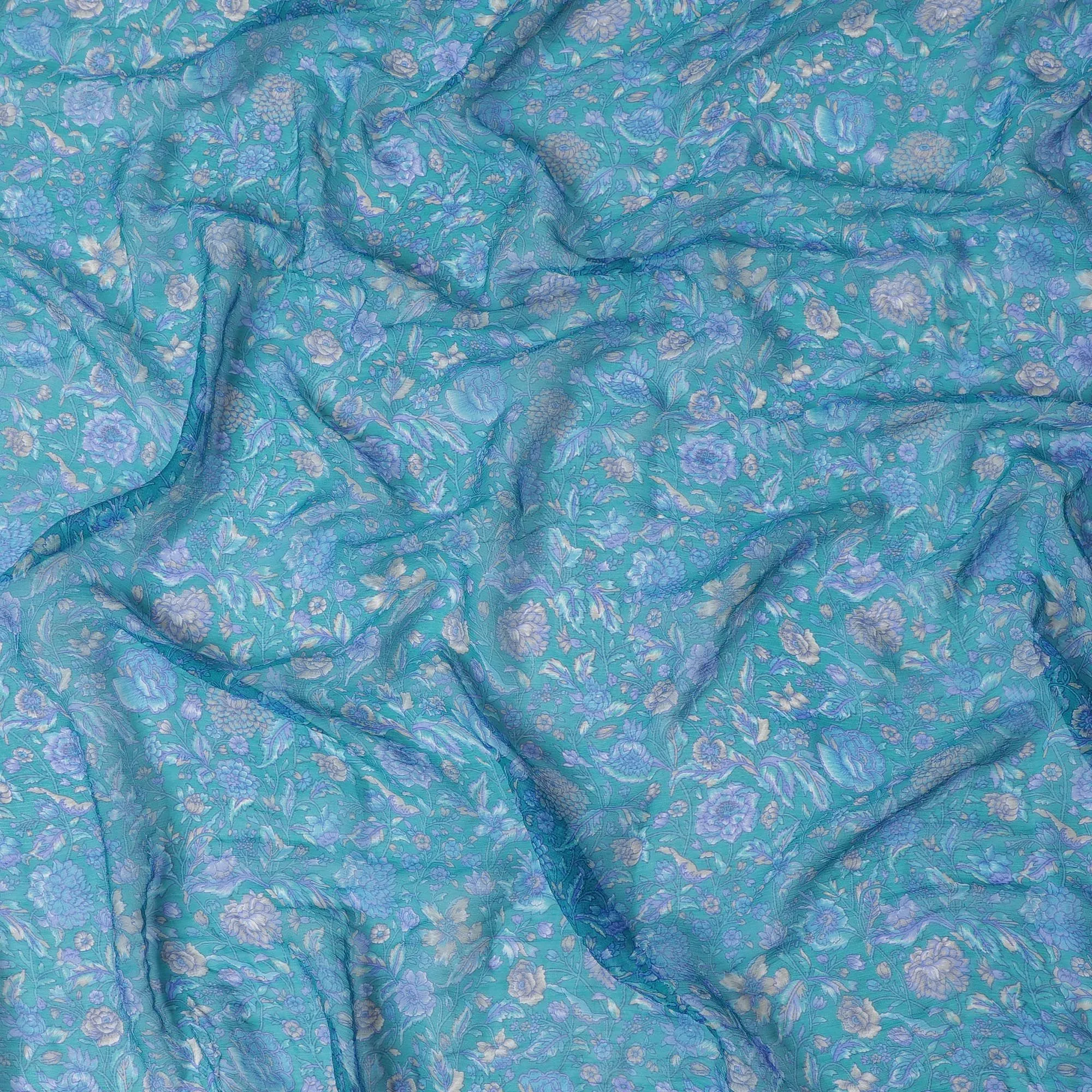 Oceanic Garden Pure Wrinkle Silk Chiffon Fabric - Exquisite Floral Print, 110cm Width - Buy Online by the Meter-D18048