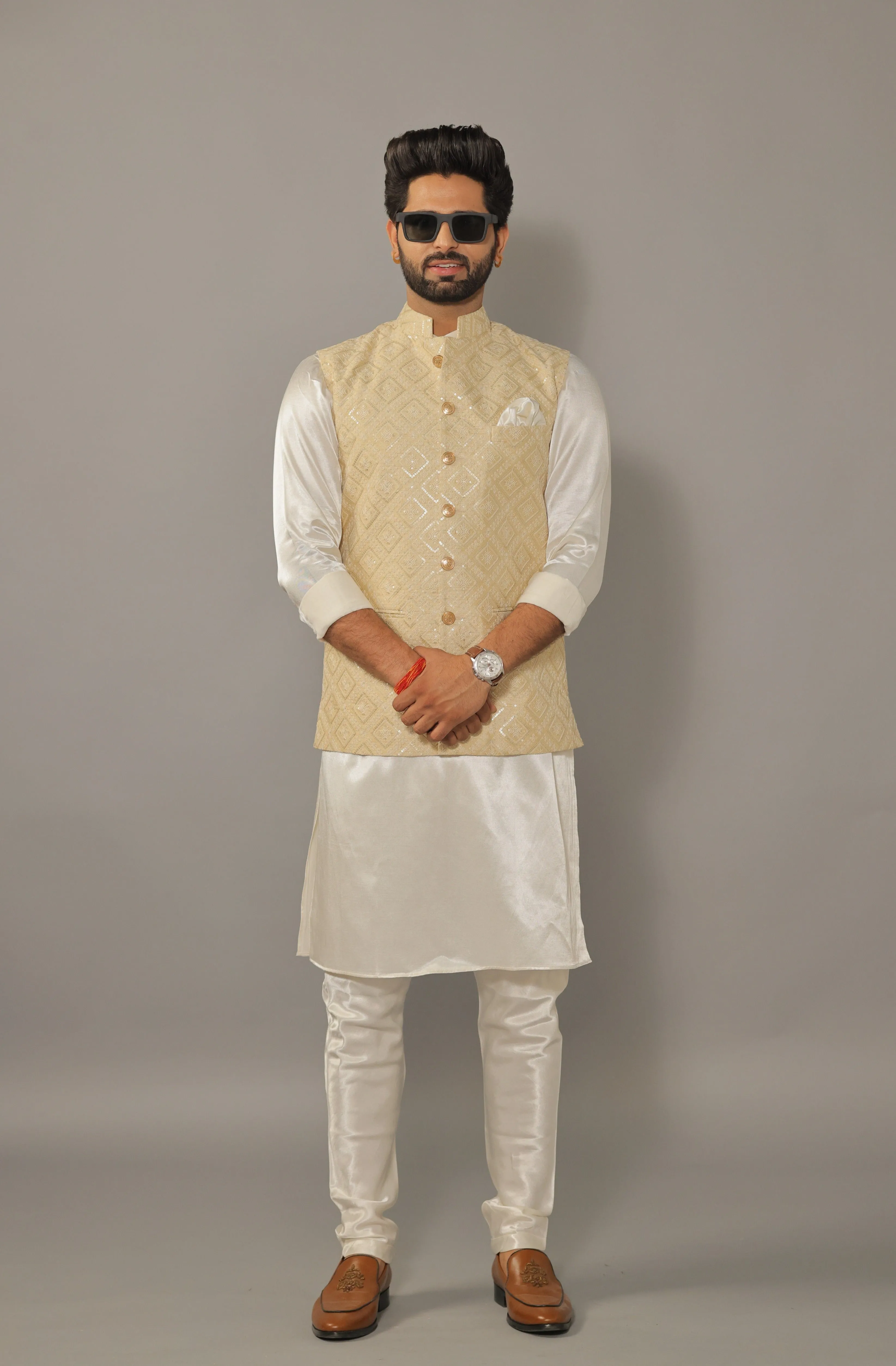 Off-White Kurta Pajama Set with Luckhnawi Embroidery Beige Color Nehru Jacket - Handcrafted