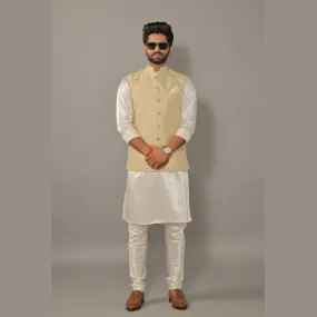 Off-White Kurta Pajama Set with Luckhnawi Embroidery Beige Color Nehru Jacket - Handcrafted