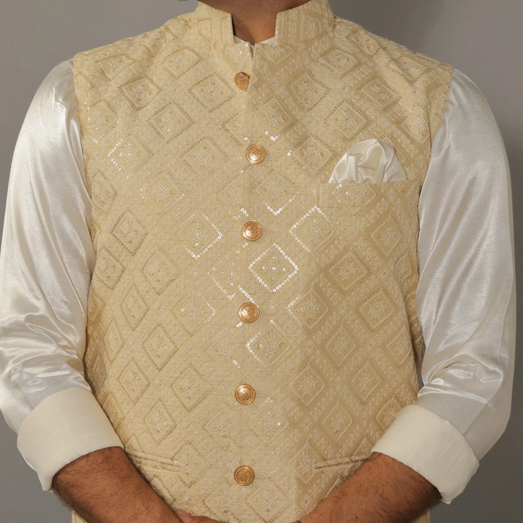 Off-White Kurta Pajama Set with Luckhnawi Embroidery Beige Color Nehru Jacket - Handcrafted