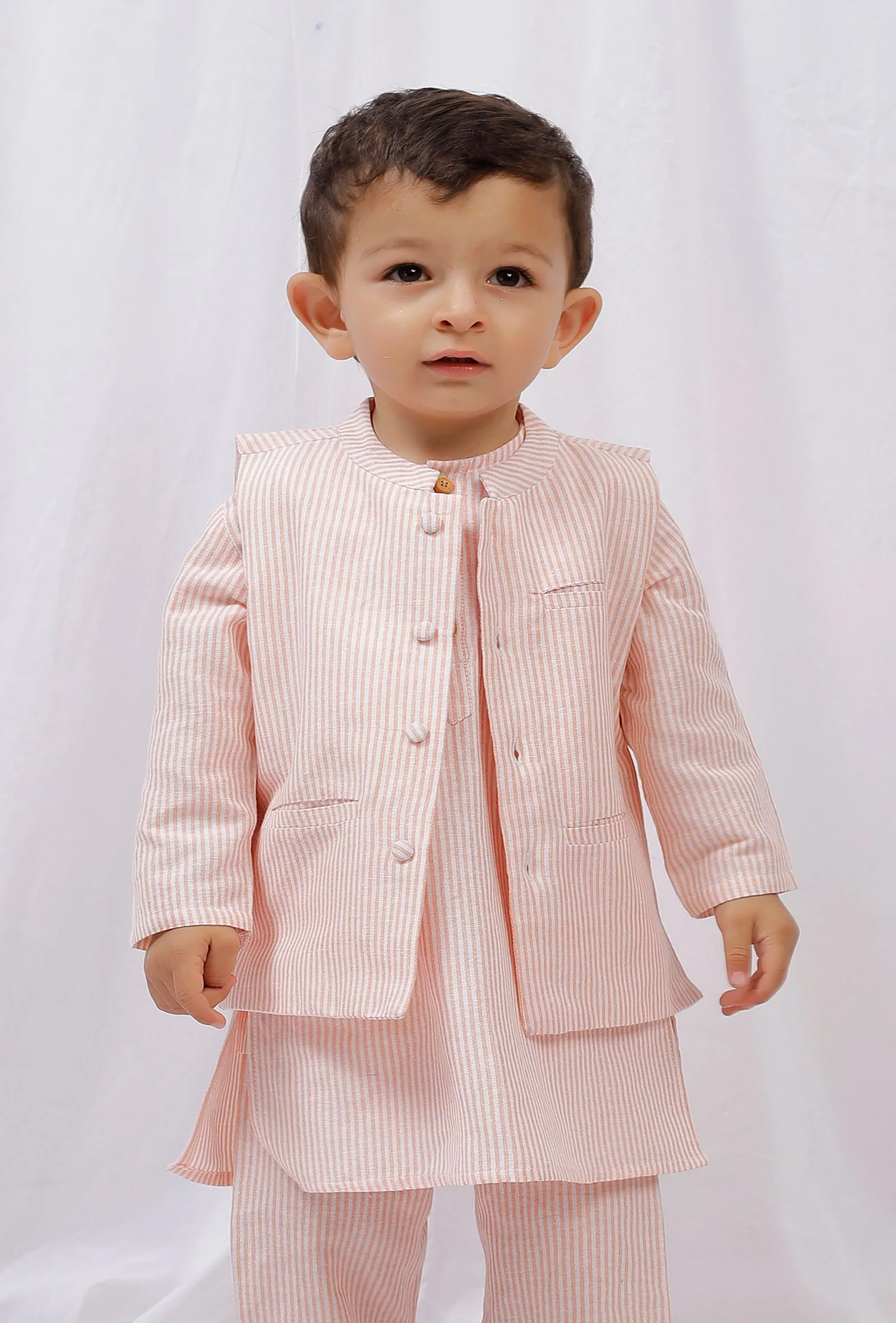 Orange Striped Nehru Cotton Sleeveless Jacket